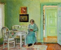 Ancher Anna Interior من غرفة جلوس خضراء مع امرأة شابة تقرأ عام 1916