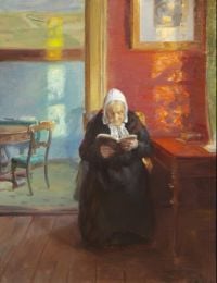 Ancher Anna Interior From The Red Room مع المطبعة القماشية S Mother Ane Br Ndum Reading 1910