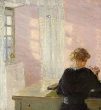 Ancher Anna Interieur mit einer lesenden Frau an einem sonnigen Tag ca. 1915