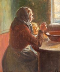 Ancher Anna Interior With A Woman And A Child 1916 طباعة على القماش