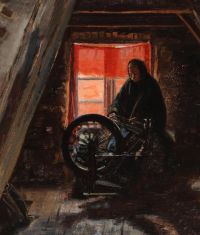Ancher Anna Interieur mit einer Frau durch ein Spinnrad