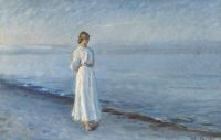 Ancher Anna L Heure Bleu. 가벼운 긴 여름 드레스를 입고 해변에서 산책하는 어린 소녀 1914