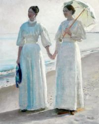 Ancher Anna Minne und Sophie Holst in leichten Sommerkleidern am Strand von Skagen 1896