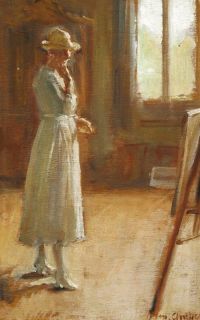 Ancher Anna Miss Wenck في الاستوديو تتفقد لوحة على الحامل ربما تكون SA صورة لنفسها مطبوعة على القماش