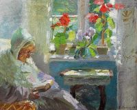 Ancher Anna Mrs. Br Ndum liest in ihrem Wohnzimmer