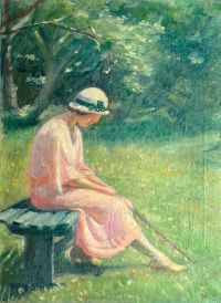 Ancher Anna Nachdenkliche Stimmung. Junge Frau in einem rosa Kleid und einem weißen Hut mit einem Spazierstock, der im Garteninnenraum sitzt
