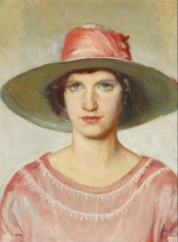 Ancher Anna صورة لفتاة ترتدي فستانًا ورديًا وقبعة من القش مع شريط وردي مطبوع