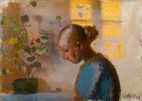 Ancher Anna دراسة خياطة في قماش أزرق مطبوع