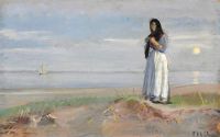 Ancher Anna Summer Evening على Skagen Strand. امرأة تحبك على الشاطئ