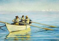 Ancher Anna ثلاثة صيادين في قارب تجديف في البحر. أمام صياد السمك والمنقذ Ole Svendsen 1894 طباعة قماشية