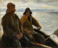 Ancher Anna Two Skagen الصيادين في قارب تجديف عند الغسق بطبعة قماشية