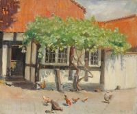 Skagen에서 Ancher Anna 보기, 하얀 목조 주택과 안뜰에 닭