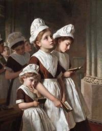 Anderson Sophie Gengembre 학교에서 소녀들을 창립하고 예배당에서 기도할 때 드레스를 입고 Ca. 1855년