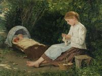Anker Albert strickendes Mädchen, das das Kleinkind in einer Wiege beobachtet, 1885