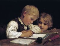 Anker Albert Schreibender Knabe Mit Schwesterchen 1875