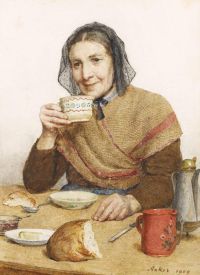 Anker Albert 앉아 그녀의 손에 컵을 들고 농부 여자