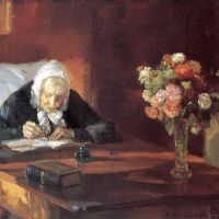 Anna Ancher Ane Hedvig Brondum zittend aan tafel 1910