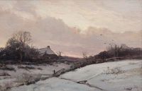 Apol Louis Ein Bauernhof in einer verschneiten Landschaft bei Sonnenuntergang
