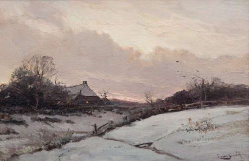Apol Louis A Farm In A Snowy Landscape At Sunset canvas print