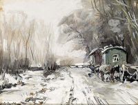 Apol Louis A Winterlandschaft mit Pferden und Wagen entlang einer Straße