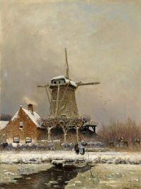 Apol Louis Figures By A Windmill In A Snow Covered Landscape