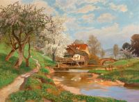 Arnegger Alois A Springtime Landscape With Ducks And Blossoming Trees