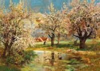 Arnegger Alois 연못에서 오리와 봄 풍경