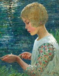 Arnesby Brown John Alfred Girl Fishing Ca. 1918 طباعة قماشية