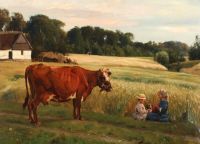 Bache Otto Sommerlandschaft mit zwei Mädchen und einer Kuh 1881