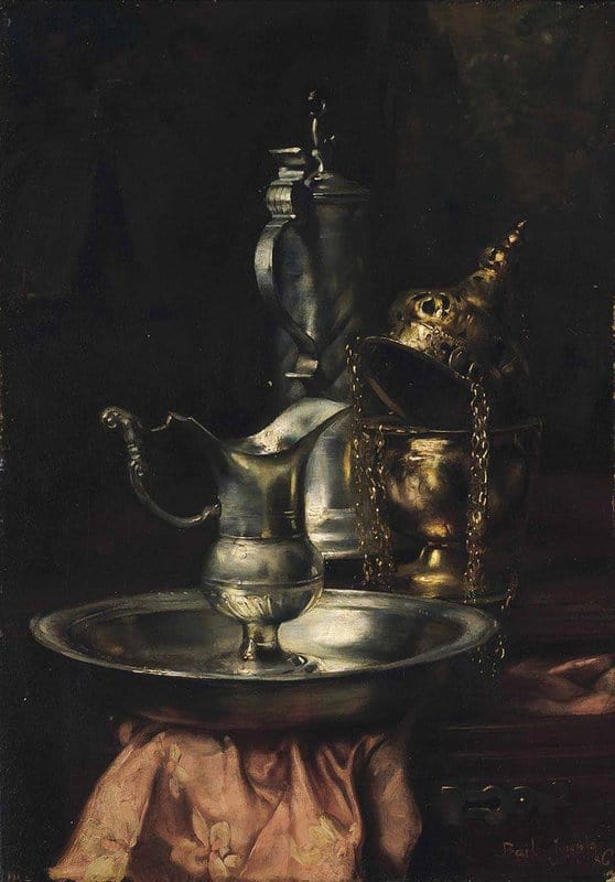Bail Joseph A Silver Jug And Bowl On A Wooden Ledge 1886 canvas print