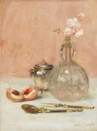 Bail Joseph Stillleben mit Blumen in einem Glaskrug Silber Zuckerdose Gabel Löffel und einem Pfirsich 1887