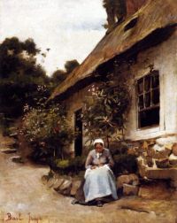 Bail Joseph Woman Sewing In Front Of Her Cottage canvas print