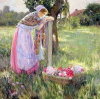 Barlow Myron G Resting By A Basket Of Flowers