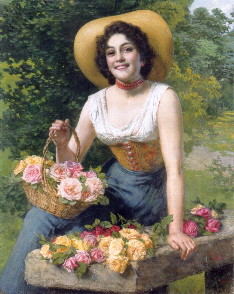Bellei Gaetano A Beauty Holding A Basket Of Roses canvas print