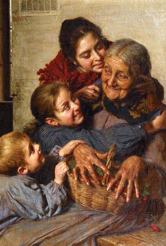 Bellei Gaetano Grandmother And Grandchildren With A Basket Of Cherries canvas print