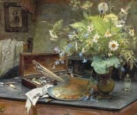 Bertha Wegmann Interior con un ramo de flores silvestres La caja de pinturas del artista Una paleta y medio cigarro ahumado impresión en lienzo