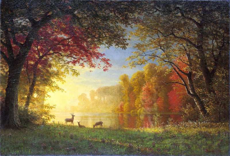 Bierstadt Albert Indian Sunset Deer By A Lake 1880s canvas print