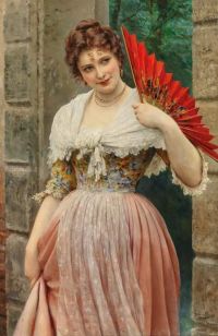 Blaas Carl Theodor Von Eine junge Dame mit rotem Fächer 1897