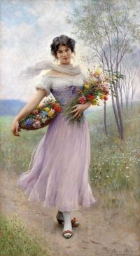 Blaas Carl Theodor Von Girl With Lilac Dress Bouquet And Basket Of Flowers 1911 canvas print
