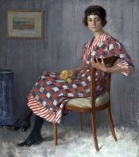 Blaas Carl Theodor Von Bildnis einer jungen Dame in rot-blau gemustertem Kleid