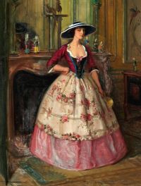 Blaas Carl Theodor Von 벽난로 옆에 서 있는 이브닝 드레스를 입은 젊은 여성의 초상화