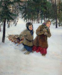 Bogdanov Belsky Nikolay Petrovich Kinder, die Holz im Schneewinter tragen