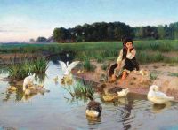 Bogdanov Belsky Nikolay Petrovich Ukrainian Girl Tending Geese canvas print