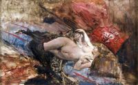 Boldini Giovanni Nude Young Woman Lying With Black Stockings