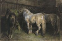 Bonheur Rosa Horses Eating Hay In A Stable canvas print