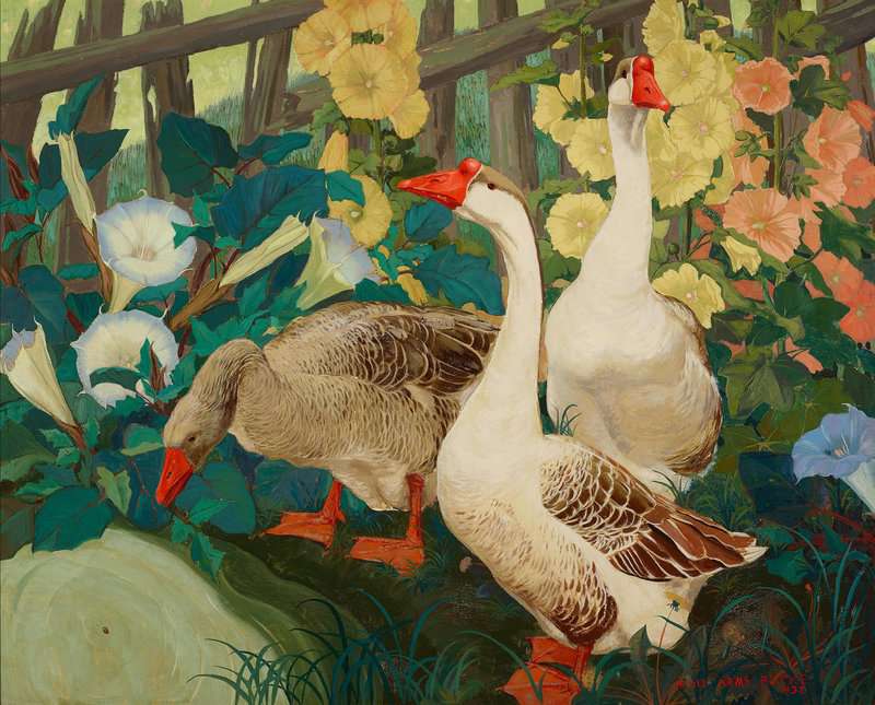 Botke Jessie Arms Geese With Morning Glories And Hollyhocks 1932 canvas print