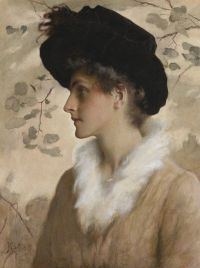 Boughton George Henry Porträt einer Dame in halber Länge mit schwarzem Hut und Pelzstola 1888