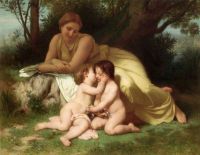 Bouguereau William Adolphe Oung Frau betrachtet zwei sich umarmende Kinder