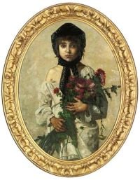 Bouguereau William Adolphe Porträt eines jungen Mädchens in halber Länge in einer schwarzen Haube mit einem Strauß wilder Blumen 1883