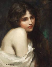 긴 검은 머리와 흰 목도리를 가진 젊은 아가씨의 Breakspeare William Arthur 초상화